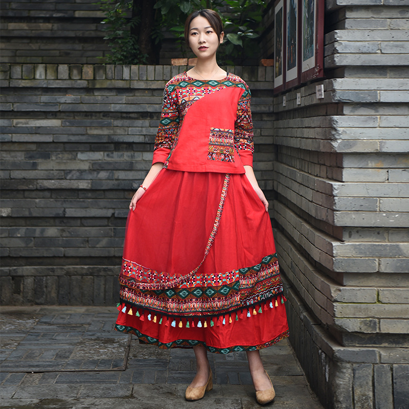 云南服饰 2020女式民族风长款网纱套裙 少数民族修身弹力套裙批发