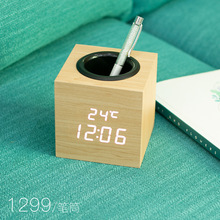 LED数字桌面笔筒闹钟韩式数码电子温度万年历日期桌面收纳时钟表