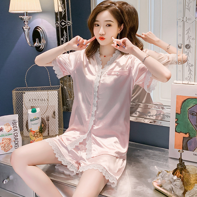 2020夏季仿真丝睡衣女丝绸开衫爆款短袖蕾丝公主花边家居服套装
