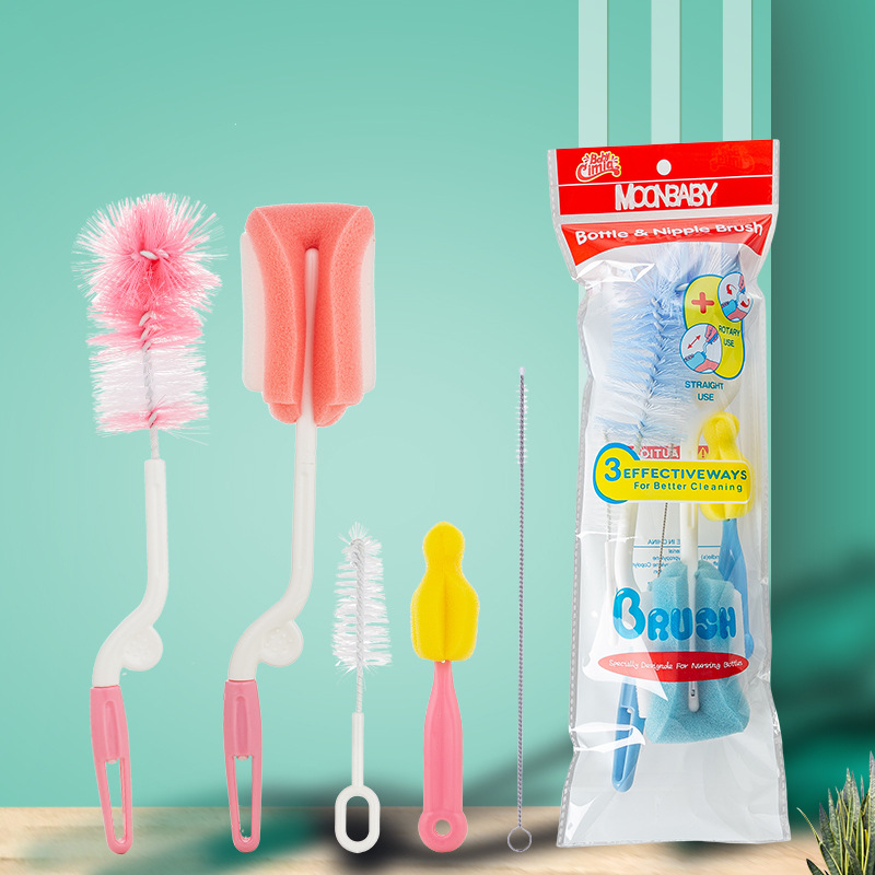 360 Degrees Rotatable Sponge Bottle Brush Nylon Pacifier Brush Baby Bottle Brush 5-Piece Set Wholesale