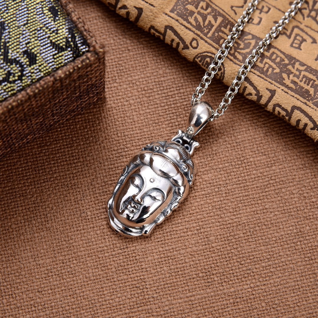佛头s925纯银菩萨吊坠男士佛头银饰品圆珠项链复古钦城银店泰银