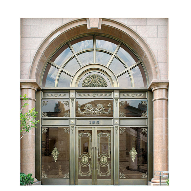 工厂直营纯黄铜玻璃门 不锈钢门仿真铜进户门圆弧门头迎宾防盗门
