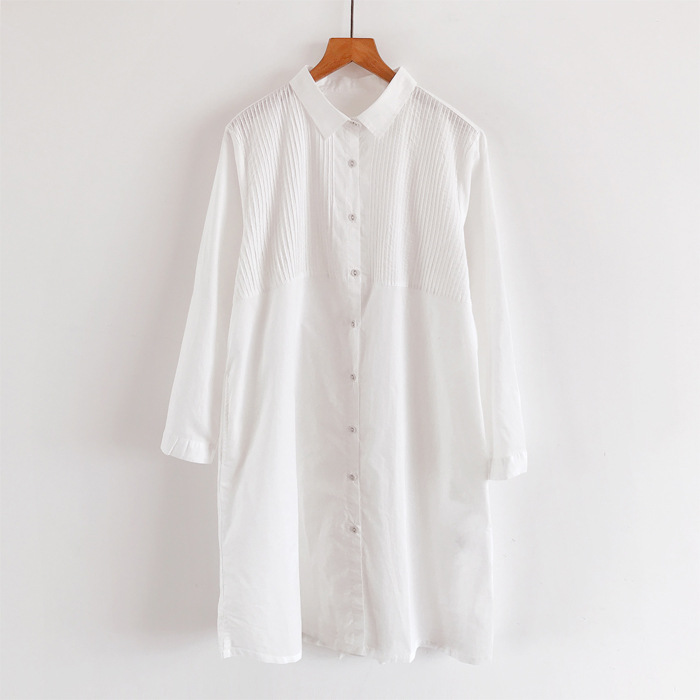 秋季新品 日系森女系纯色风琴褶中长款长袖衬衫女翻领衬衣-阿里巴巴