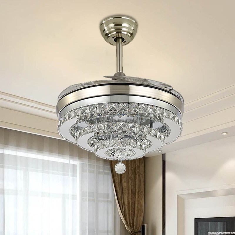 跨境水晶风扇灯 轻奢客厅餐厅卧室简约吊扇灯 现代高端隐形风扇灯