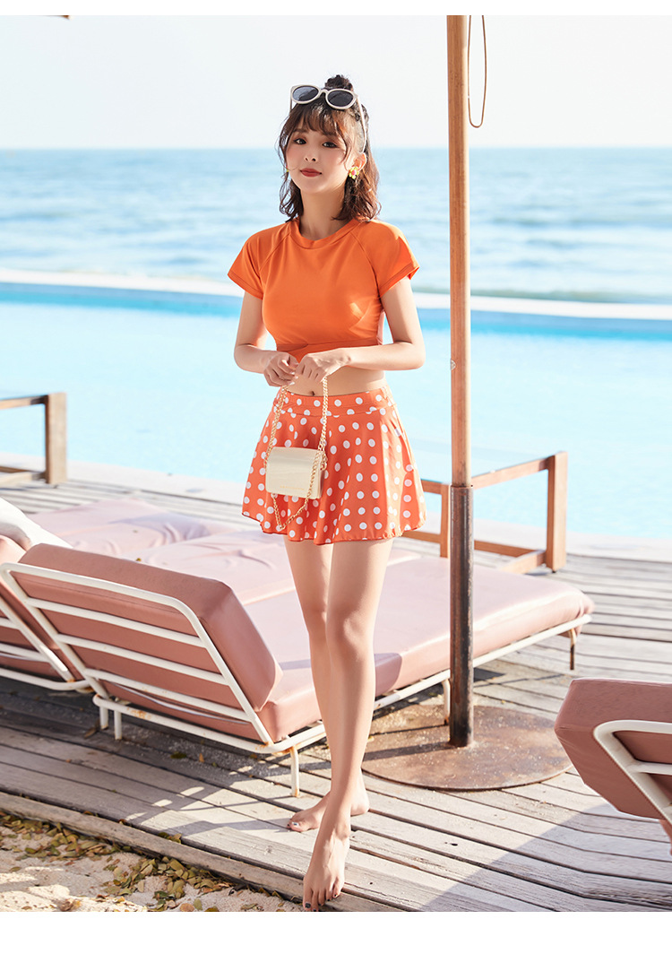 泳衣女分体保守短袖裙式遮肚显瘦韩国复古波点高腰比基尼温泉泳装