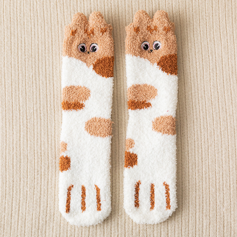 Autumn and Winter Korean Style All-Match Ear Embroidery Cat's Paw Coral Fleece Home Sleeping Socks Half Velvet Socks