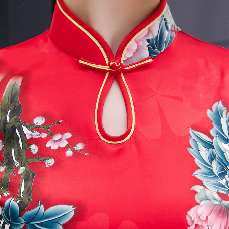 2020新款春夏丝绸双层长款旗袍日常气质大红结婚礼服妈妈时尚旗袍