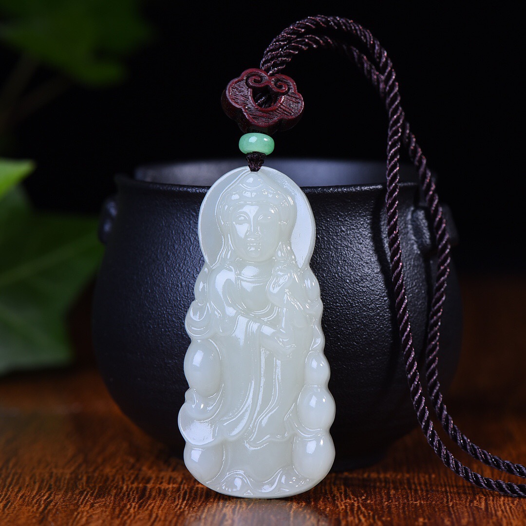 新疆和田玉站观音吊坠 保真白玉立体平安玉观音挂件玉石挂坠项链