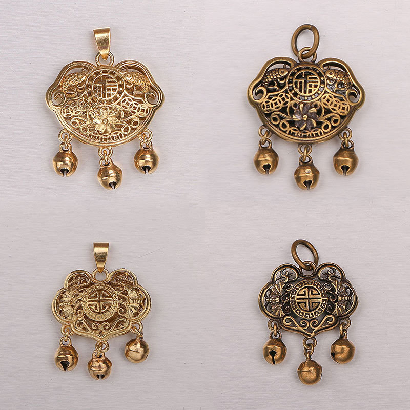 复古民族风长命锁挂件镂空香包纯铜平安锁吊坠古代儿童装饰品配饰