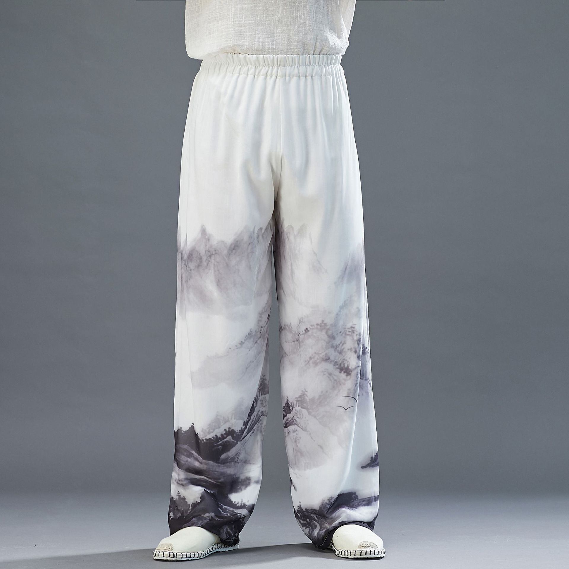 麻凡布衣麻凡新款山水阔腿裤中国风直筒雪纺印花宽松款汉服古装裤