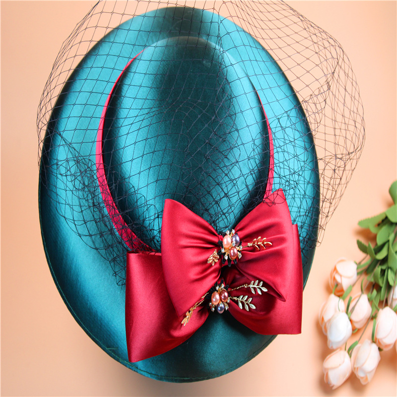 婚纱礼帽复古墨绿撞色蝴蝶结网纱高档礼帽优雅的女士结婚帽子头饰