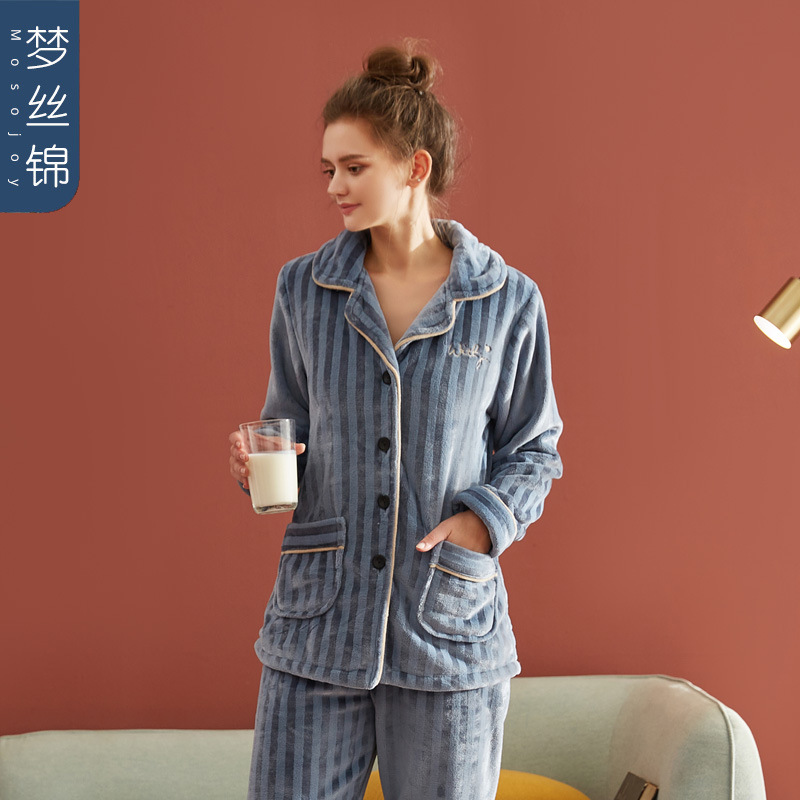 2020秋冬季法兰绒睡衣女款加厚保暖珊瑚绒家居服套装宽松一件代发