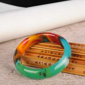 金丝玉红绿手镯玉石玉器女款七彩玉三色镯子加宽加厚宽版手饰