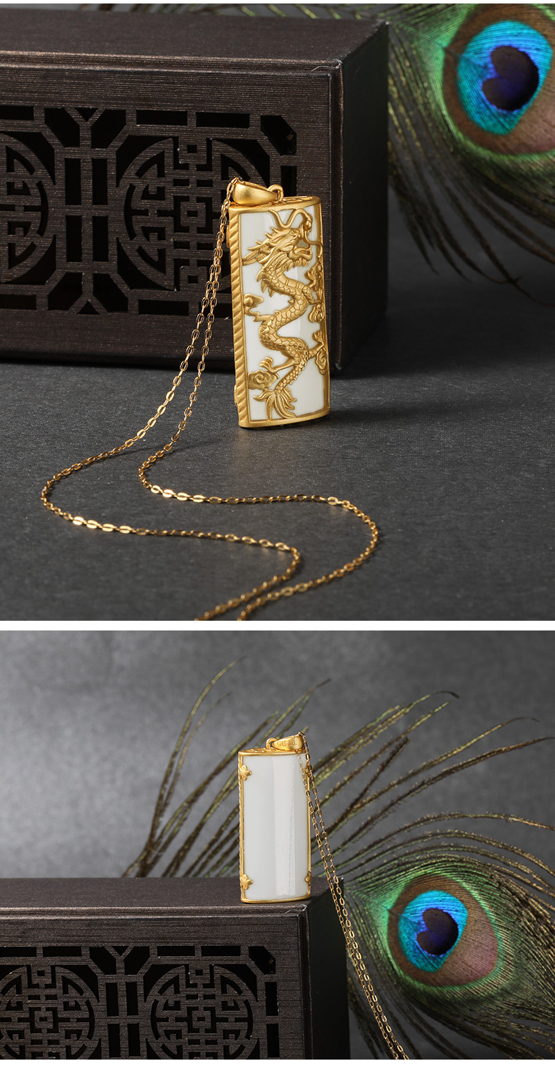 金嘟嘟和田玉玉牌无事牌报平安玉器925银镶古法金龙牌吊坠定制