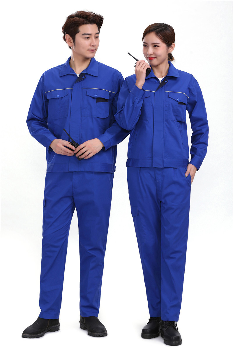 车间工人纯棉工作服短袖 夏季薄款长袖套装 蓝色工装厂服 劳保服