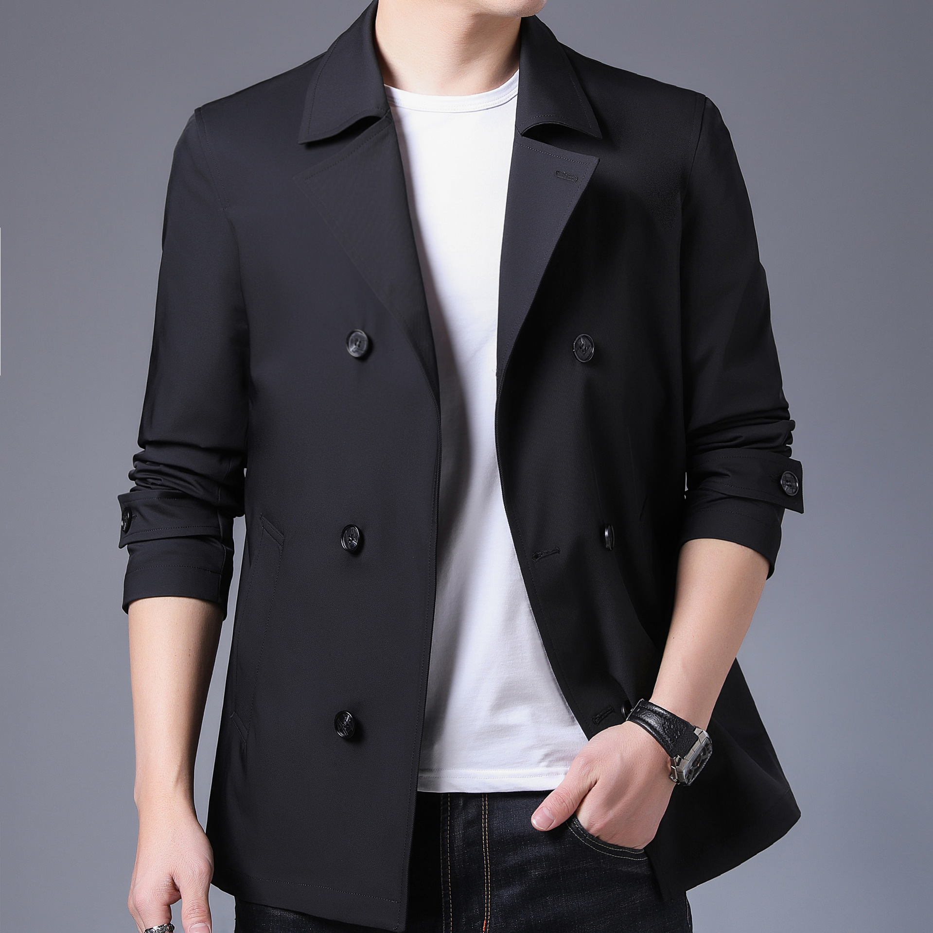 夹克男士中短款2021春秋新款时尚外套中青年商务休闲潮流风衣男装