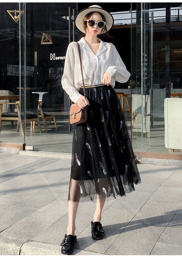 白色网纱半身裙百褶a字纱裙女2020年夏季短裙高腰中长款裙子长裙