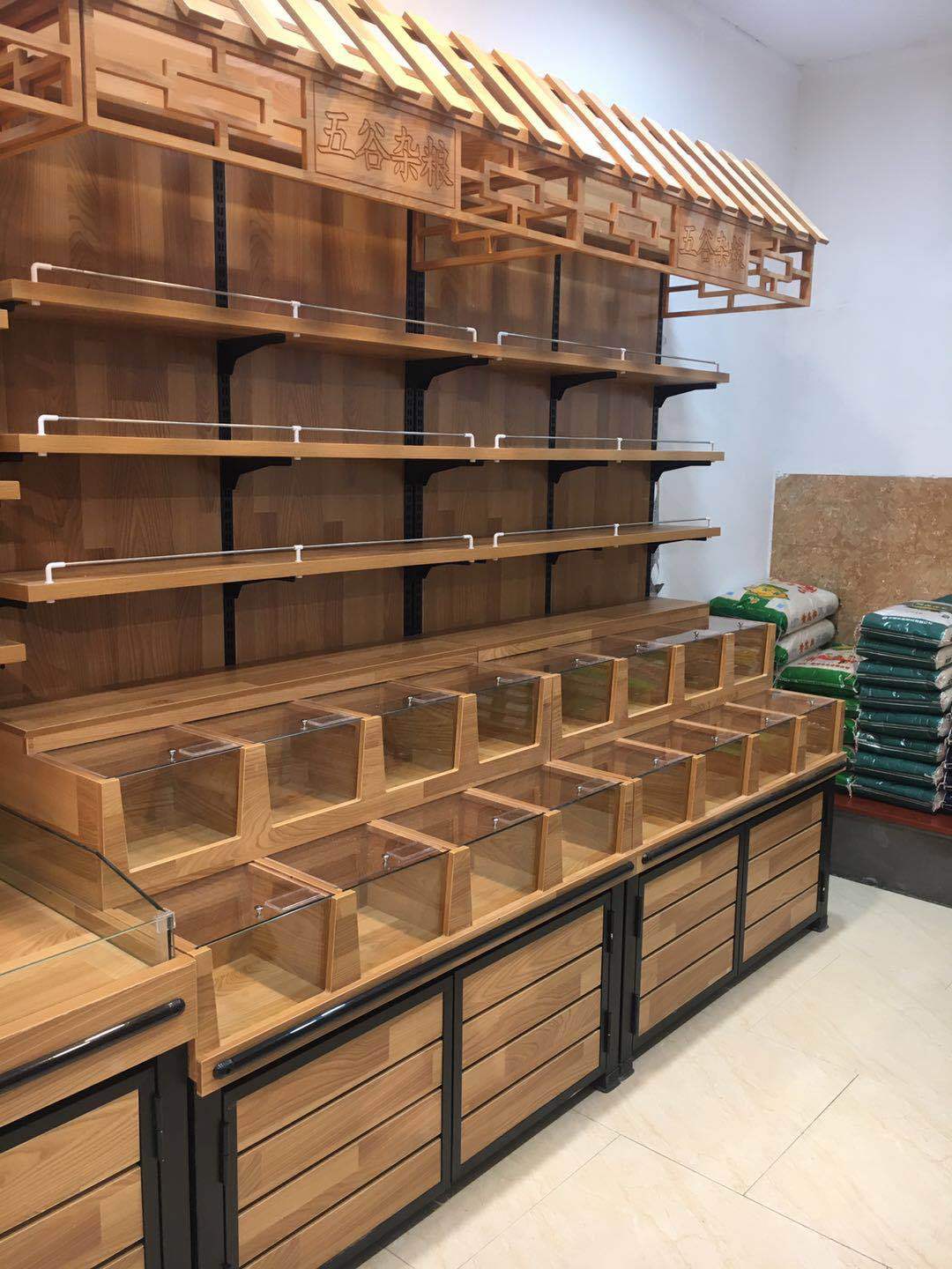 超市靠墙干果货架 木质货架干货柜糖果柜粮油货架五谷杂粮展示架