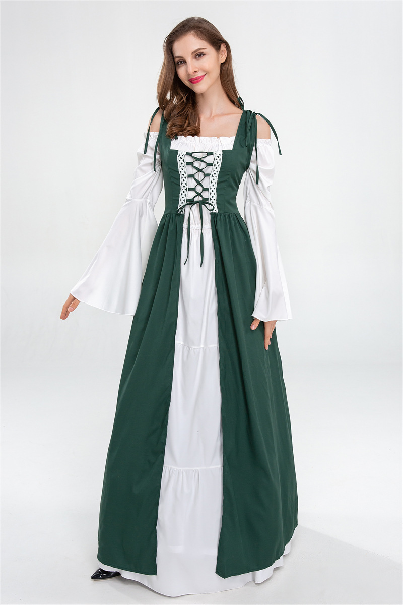 欧洲中世纪复古绑带束腰连衣裙万圣节角色宫廷长裙方领演出服批发