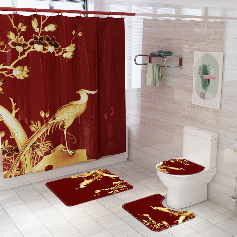 AliExpress New Chinese Style Bird Printed Waterproof Shower Curtain Household Carpet Four-Piece Set National Style Flower and Bird Drawing DIY