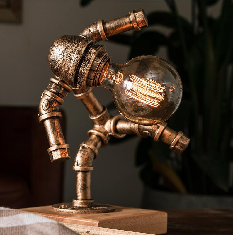 美式工业复古创意铁管护眼机器人水管台灯卧室床头调光小夜灯台灯