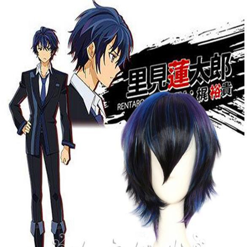 短卷发假发cosplay漆黑的子弹里见莲太郎 收脸反翘挑染蓝黑色短发