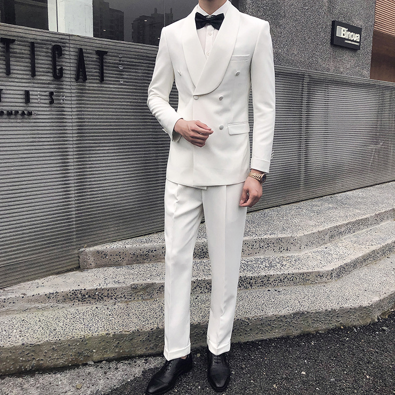 白色西装男套装洋气大翻领修身双排扣晚礼服卷边袖婚宴西装两件套