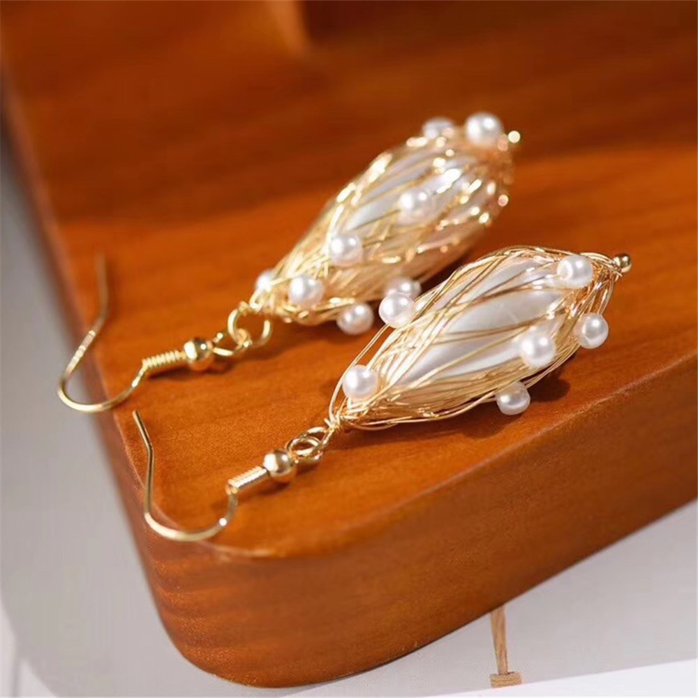 新款巴洛克珍珠贝珠搭14k金绕线耳钩 ol时尚耳饰批发-阿里巴巴