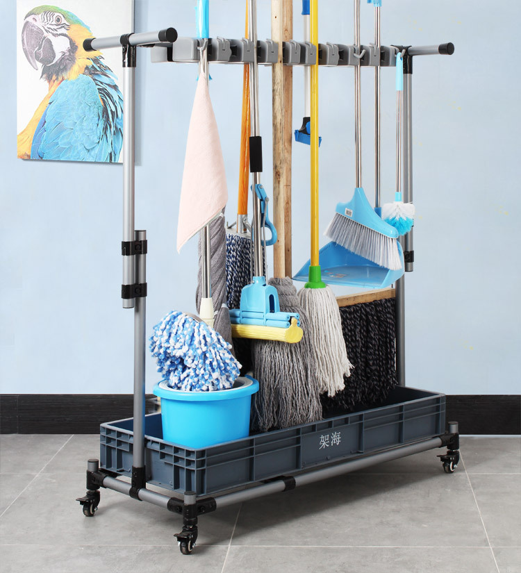 灰色落地拖把架可移动墩布架挂架复合管不锈钢架子酒店高端拖把架