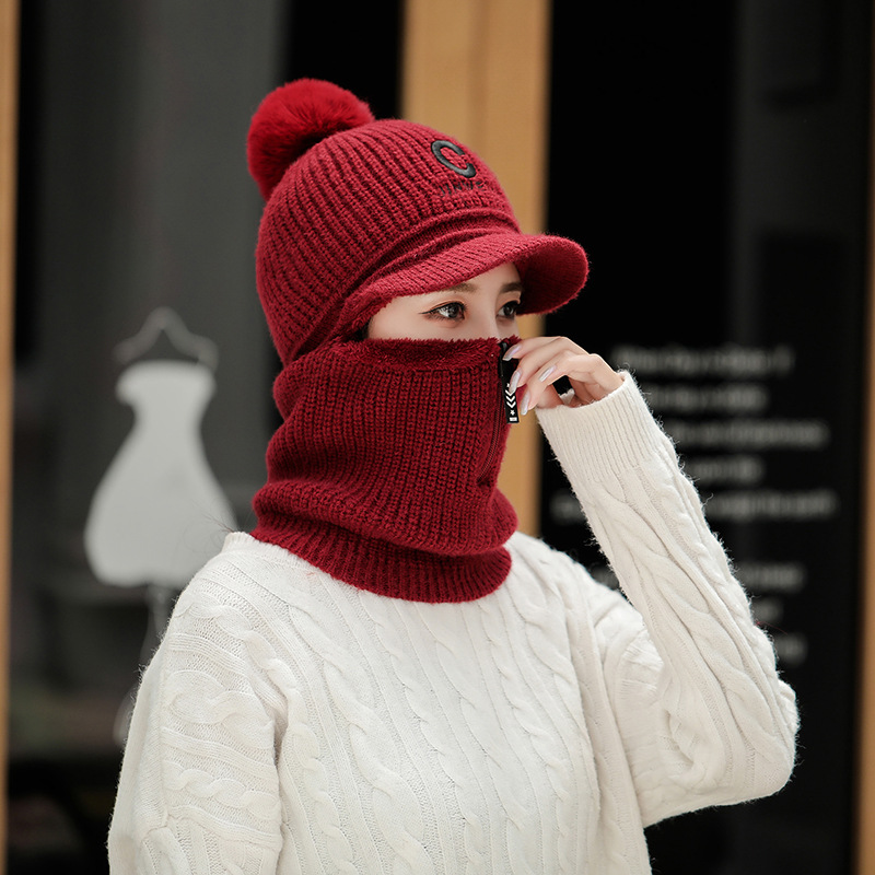 帽子女秋冬季加绒加厚百搭韩版潮冬天护耳保暖鸭舌毛线帽连体帽子