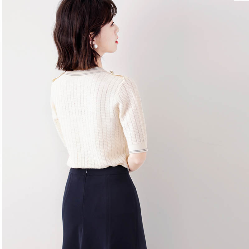 2023 New Elegant Graceful Leisure Pullover Classic Style V-neck Hollow Knitwear Short Sleeve Top Women's Thin