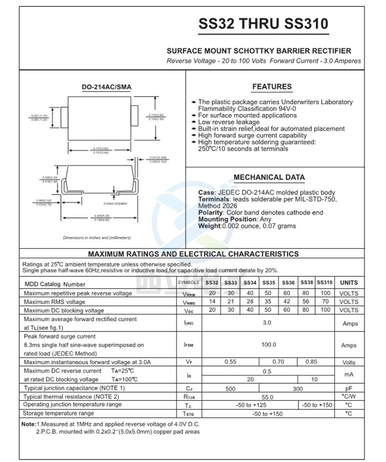 sr3100 ss310 sma封装 贴片肖特基二极管 3a 100v 快恢复二极管