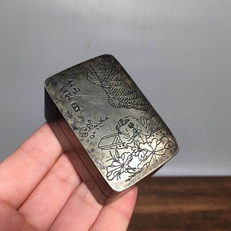 古玩纯白铜墨盒铜印盒粉盒老黑匣文玩老物件云山监制手工墨盒