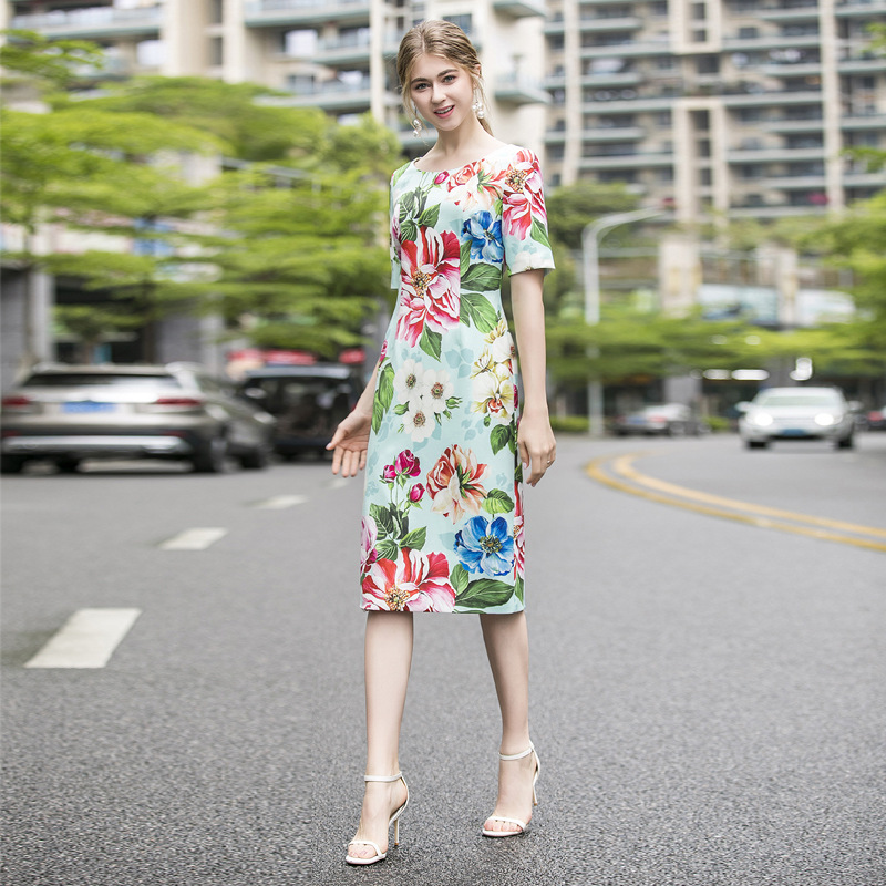 欧洲站2022春夏季外贸新款女装圆领短袖印花朵修身中长款连衣裙女