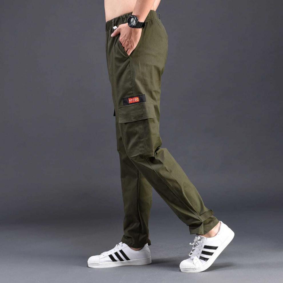 时尚棉春秋弹力宽松耐磨松紧腰迷彩工装长裤中青年男束脚工作服裤