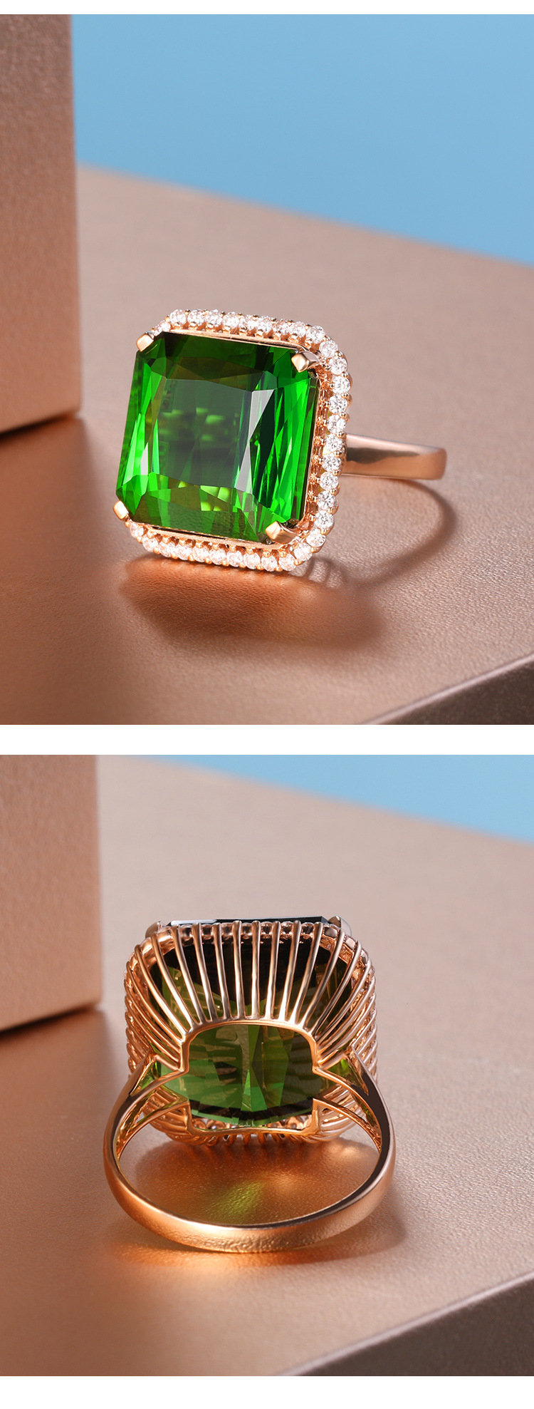 新品大公主方仿真祖母绿碧玺气质开口戒指女 网红直播热卖手饰品