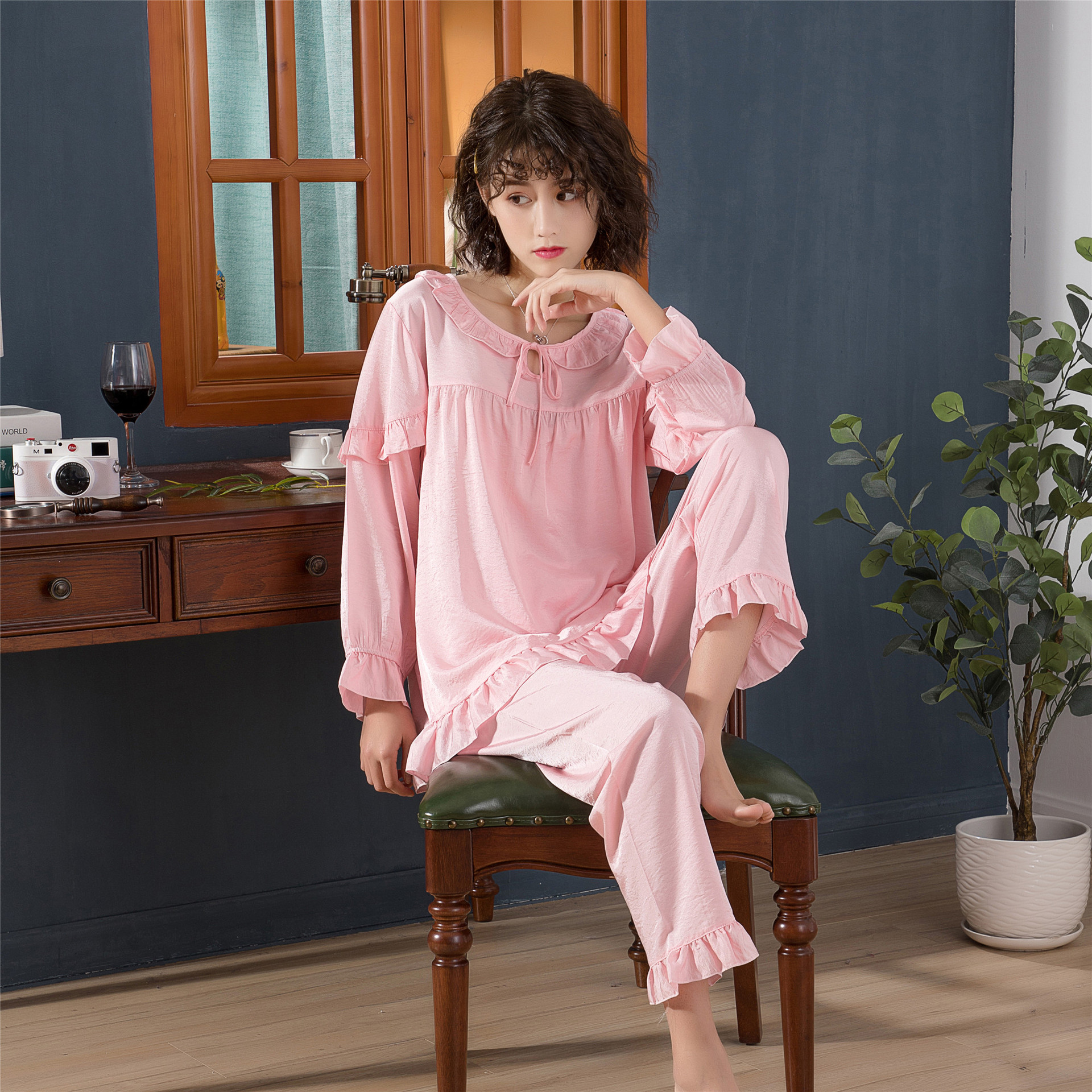 靖名雅短袖睡衣女夏季薄款天丝花边套头衣裤套装可外穿休闲家居服