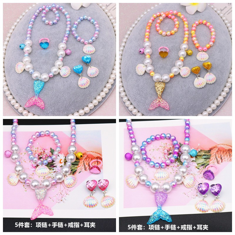 amazon hot selling children‘s pearl necklace， bracelet set mermaid necklace baby girl accessories wholesale