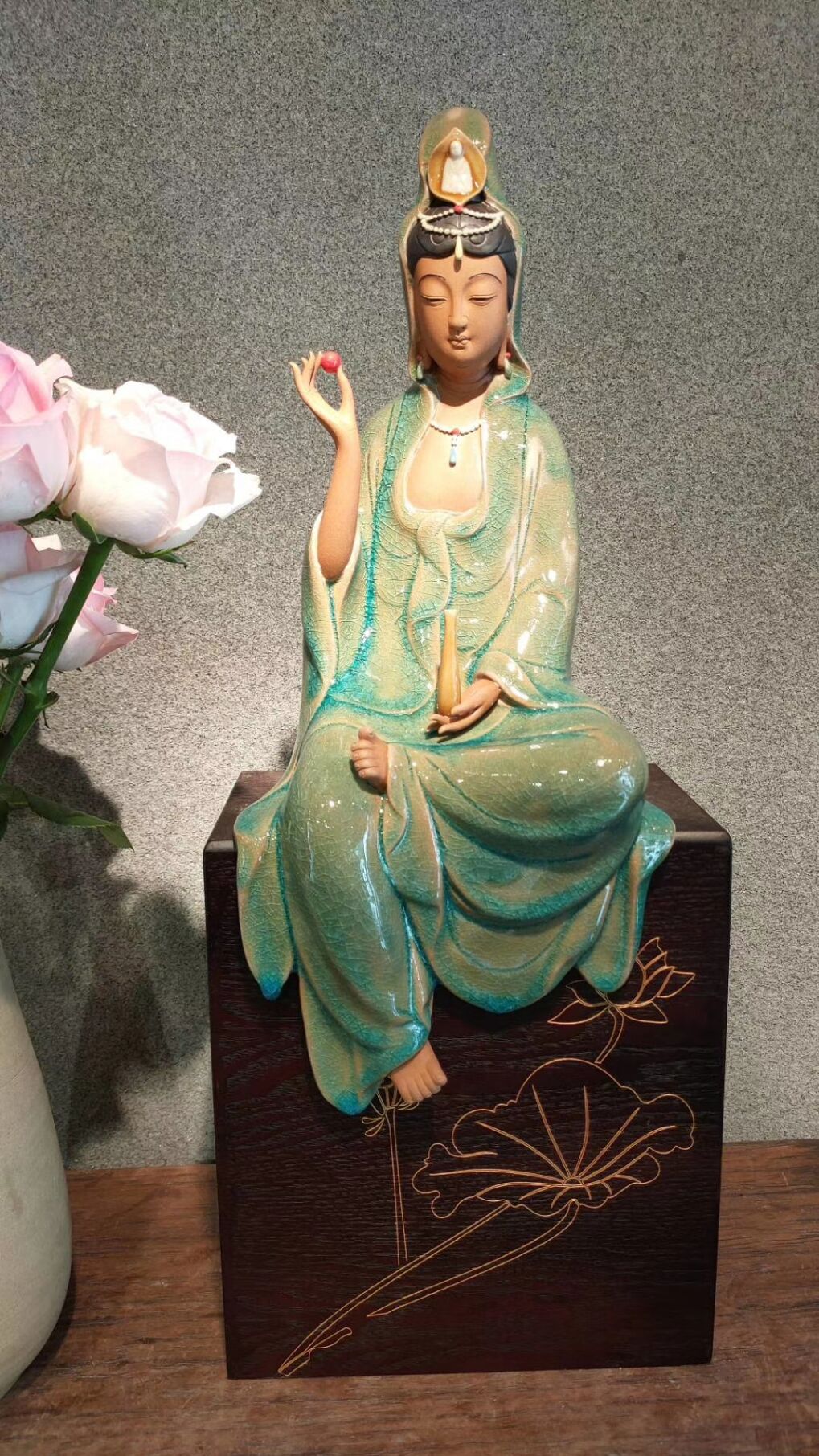 小净瓶观音大势至菩萨石湾陶瓷公仔中式禅意观音佛像客厅摆设