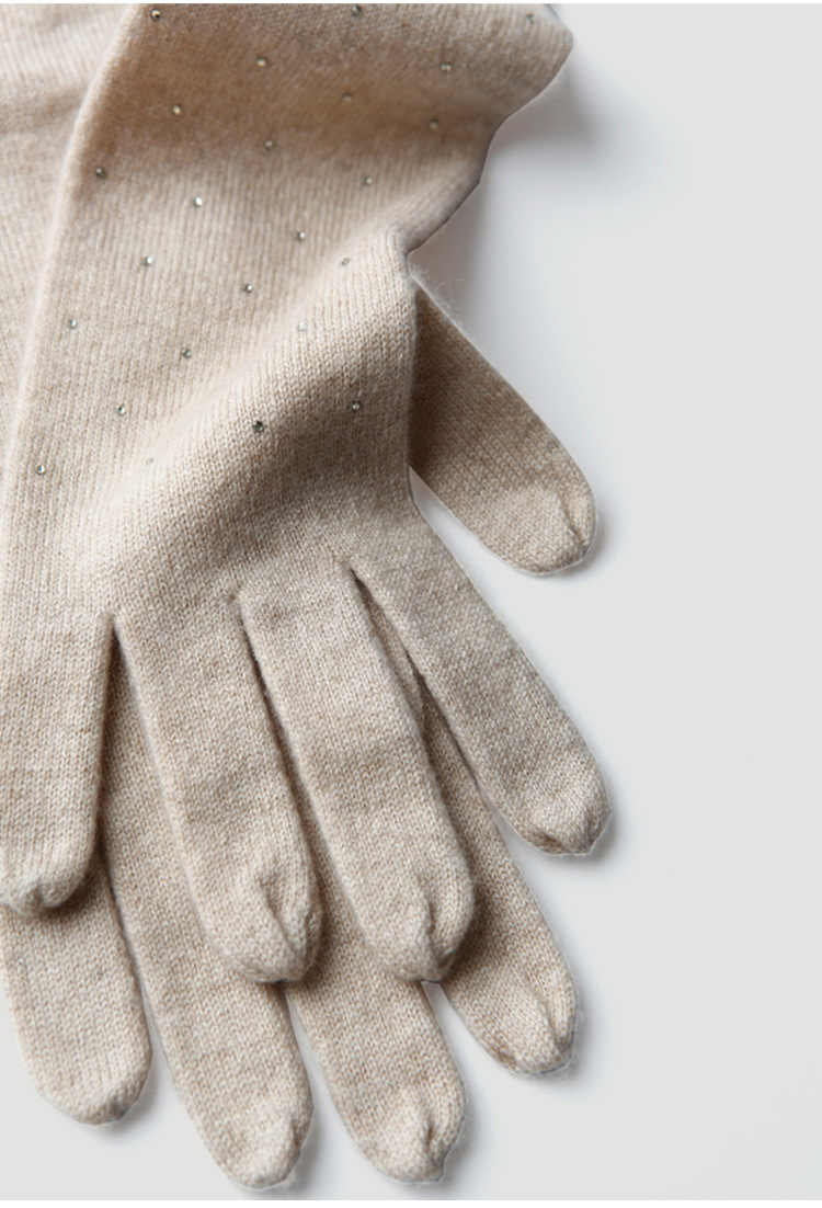 女士长袖针织羊绒手套长臂手套纯色烫钻羊毛毛线手套红色冬季保暖