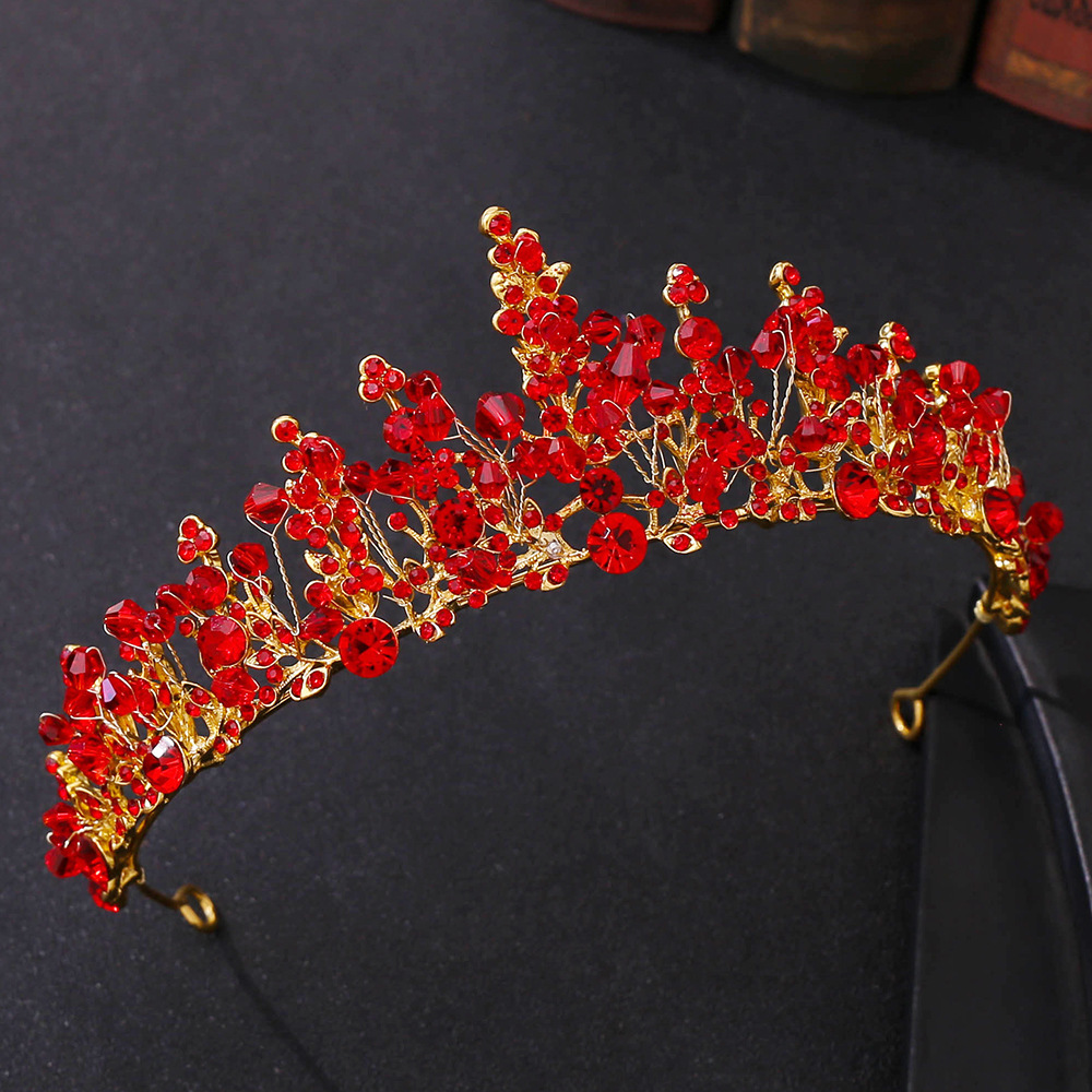 欧美婚礼配饰合金水钻儿童王冠发饰红色水晶巴洛克新娘皇冠头饰
