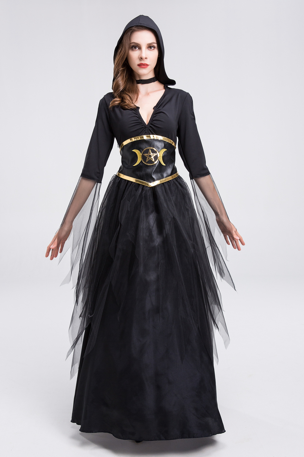 弹力万圣节女巫服长袍女巫魔女cosplay服装成人女法师角色扮演服
