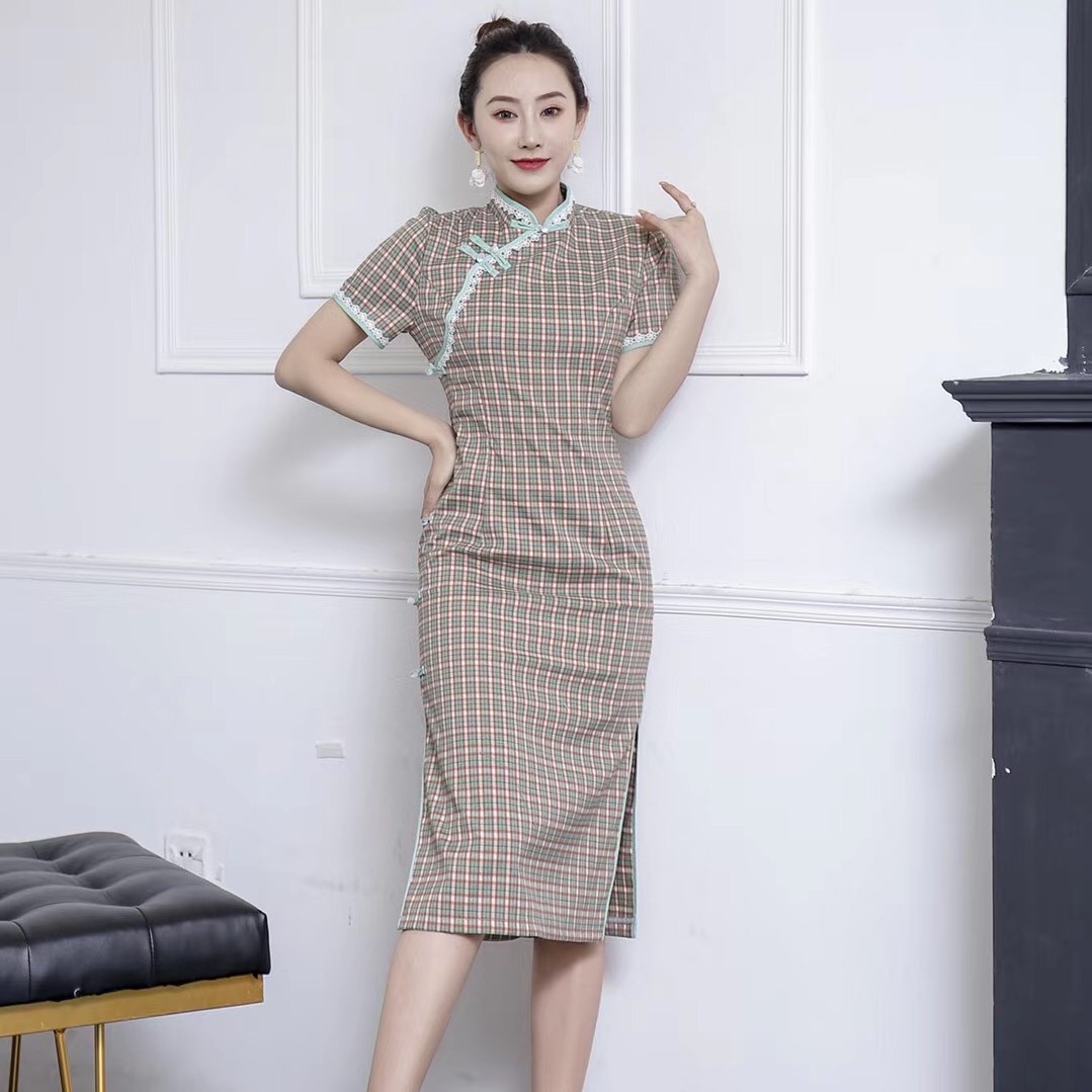 中国风格子旗袍高腰显瘦连衣裙年轻个子旗袍连衣裙中长款