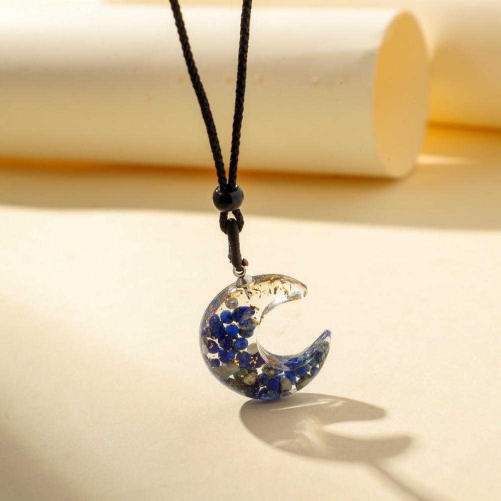 etsy原创手工树脂原石月亮吊坠个性彩色松石彩贝碎石月牙项批发
