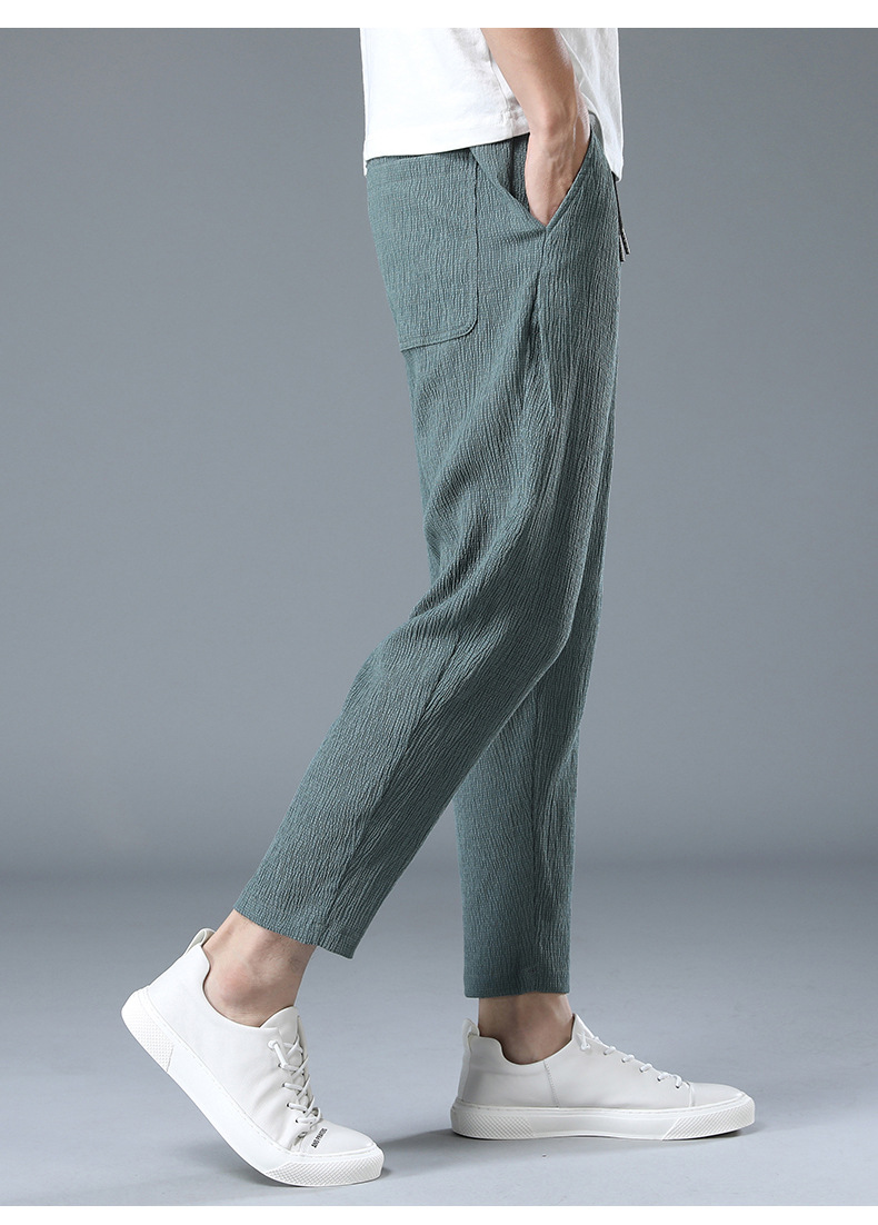 夏季超薄款亚麻九分裤子男士休闲长裤宽松直筒棉麻男装夏天9分裤