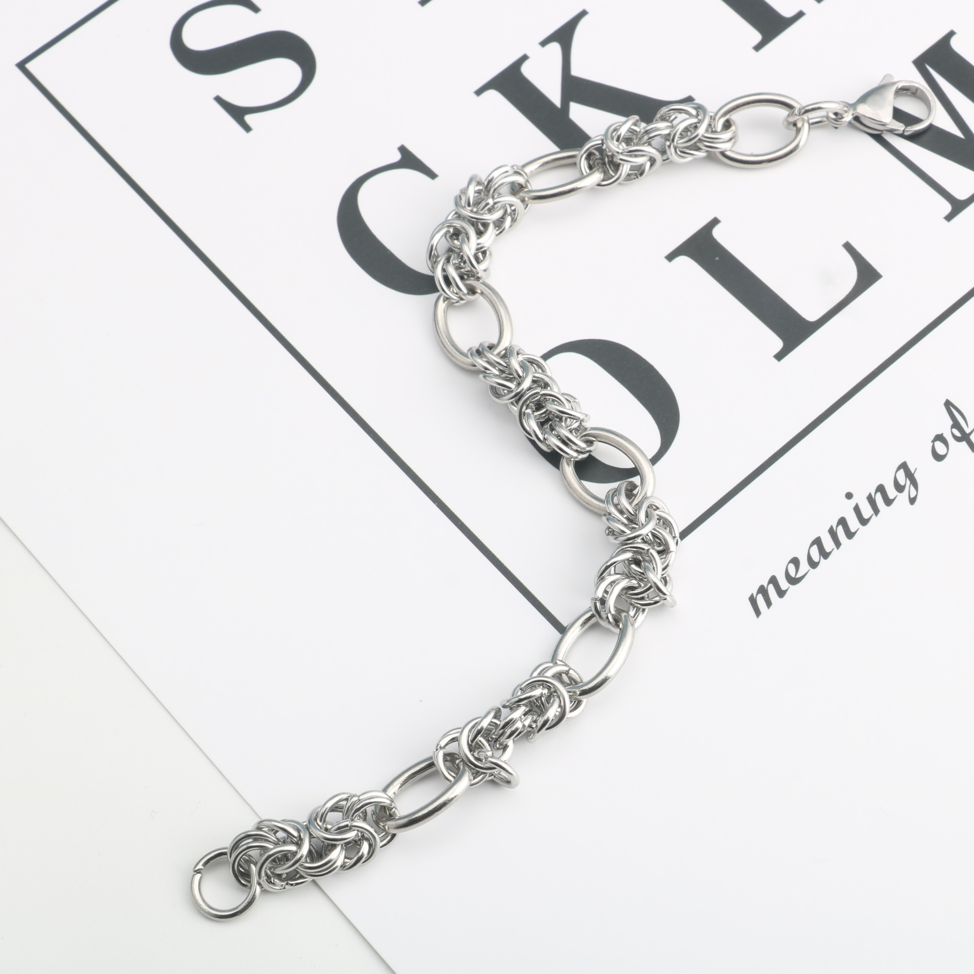 欧美款复古粗大手工编织制作花式拼接链钛钢男女手链手环手饰批发-阿