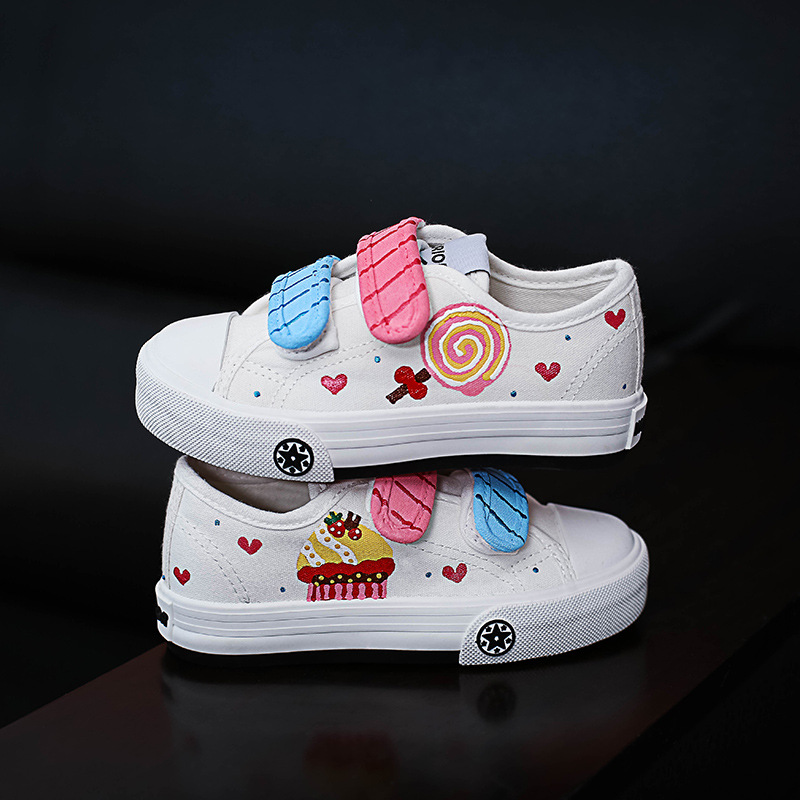 回力手绘涂鸦棒棒糖帆布鞋批发 可爱百搭魔术贴舒适耐磨宝宝鞋女
