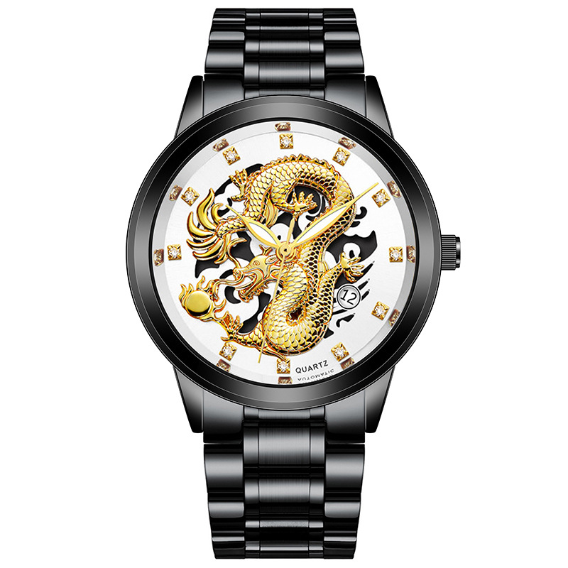 Factory Direct Sales Steel Band Gold Relief Golden Dragon Non-Mechanical Business Alloy Diamond Band Calendar Quartz Men's Watch