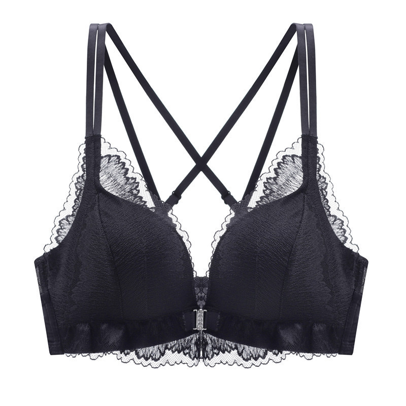 性感交叉前扣美背薄款内衣女蕾丝无钢圈文胸少女聚拢小胸罩薄杯