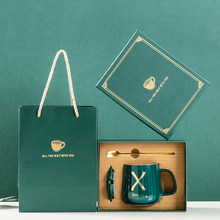 创意情侣马克杯带盖勺幸运字母陶瓷杯子咖啡杯礼品定制logo礼盒装